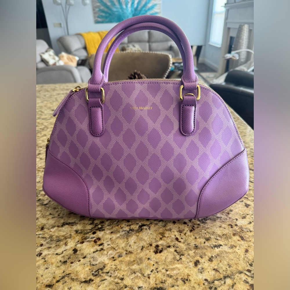 Vera Bradley Vegan Leather Dome Satchel Bag Purse in Lavender Purple Silver Hard